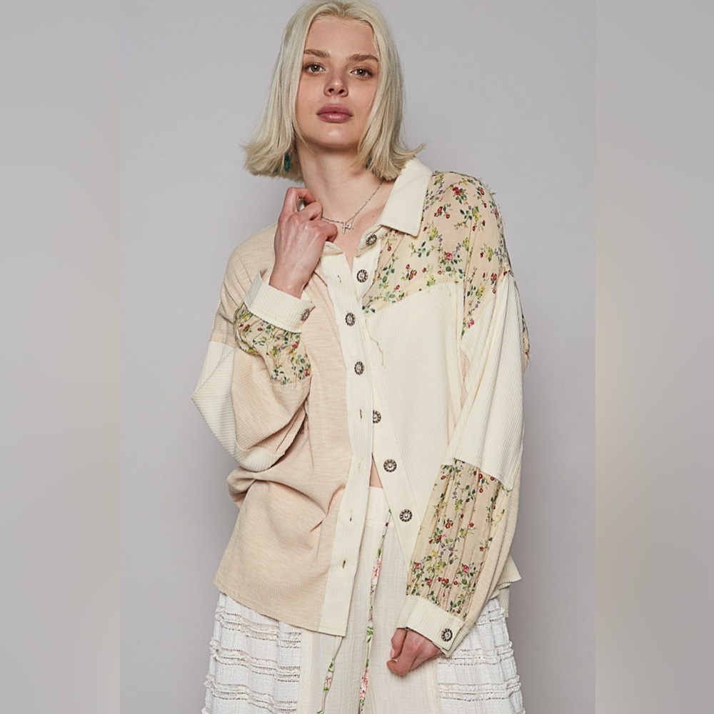 POL Floral & Waffle Knit Mixed Media Shacket ~ Perfect for Layering Year Round - Picture 2 of 16